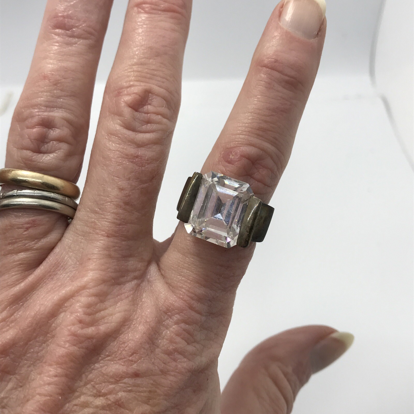 Vintage Sterling Silver & Large Emerald Cut Crystal Ring sz 7
