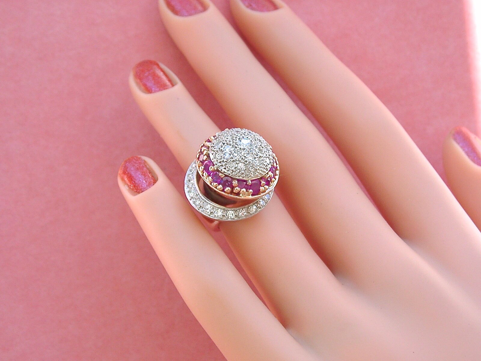 VINTAGE RETRO 1.38ctw DIAMOND 1.23ctw RUBY ATOMIC SPACE COCKTAIL PINKY RING 1940