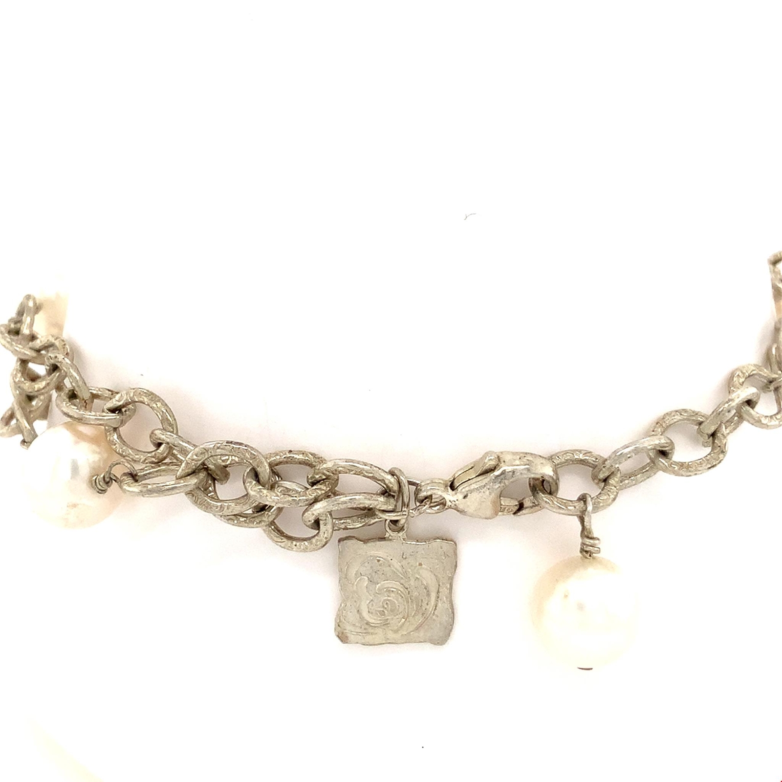 Vintage Signed Sterling Pearl Link Rolo Double Chain Designer Bracelet sz 7 3/4