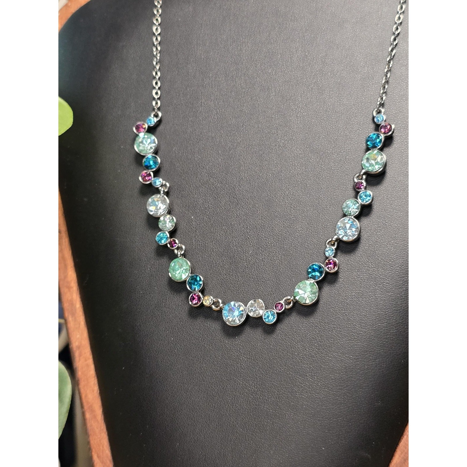 Napier Crystal Necklace Teal Blue Pink Rhinestone Necklace Gunmetal Tone