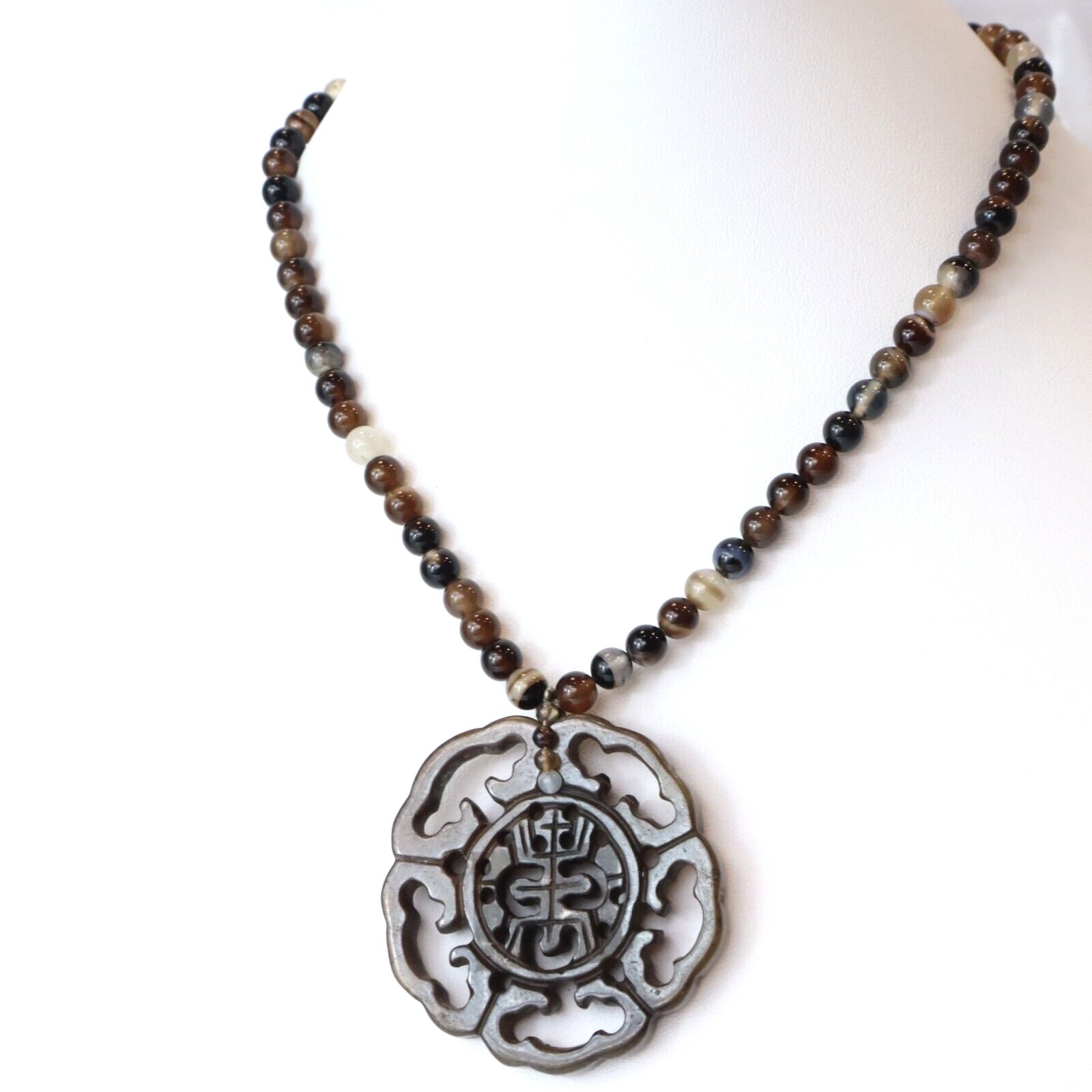 Vintage Chinese Export Hardstone Jade Carved Jade Tigers Eye Jasper Necklace
