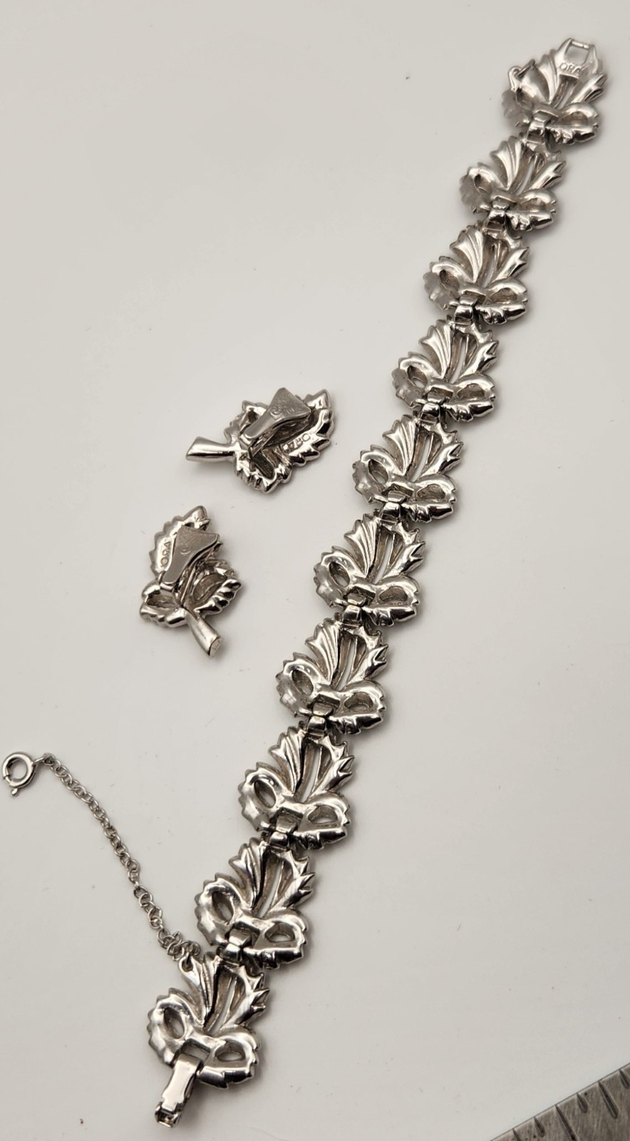 Vintage ORA Rhinestone Bracelet Clip Earrings Set Signed Silver Tone Bridal Glam