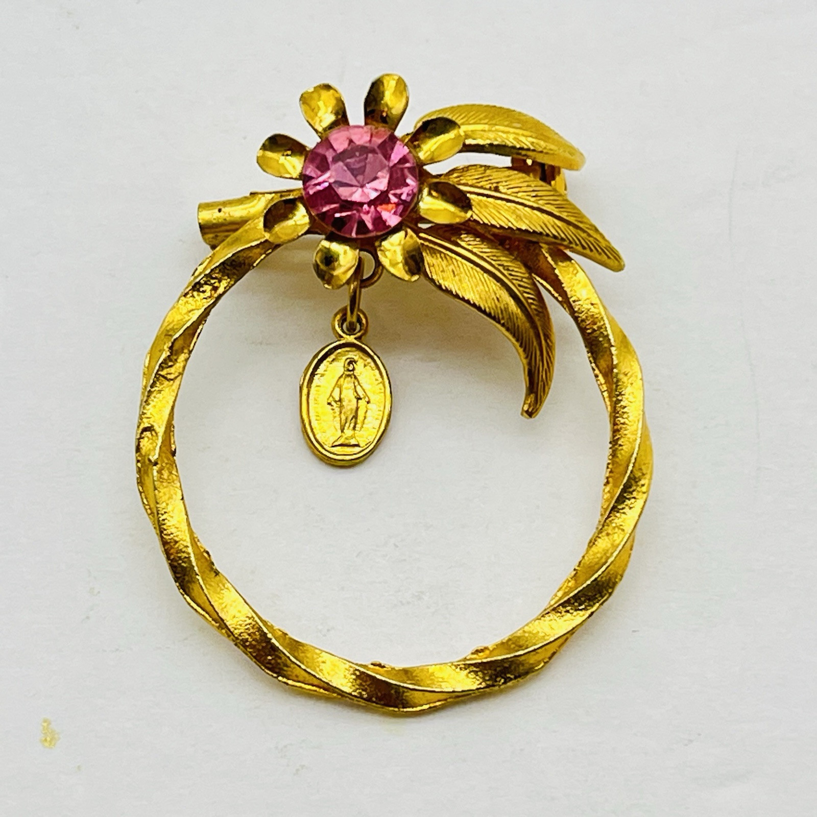 Vintage Miraculous Medal Flower Brooch Pink Rhinestone Gold Tone