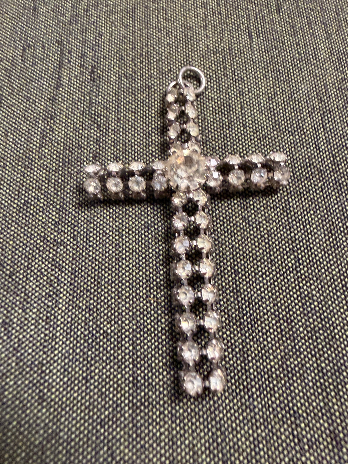 Vintage Metal and White Gem Stone 2″ Cross Pendant Silver Tone