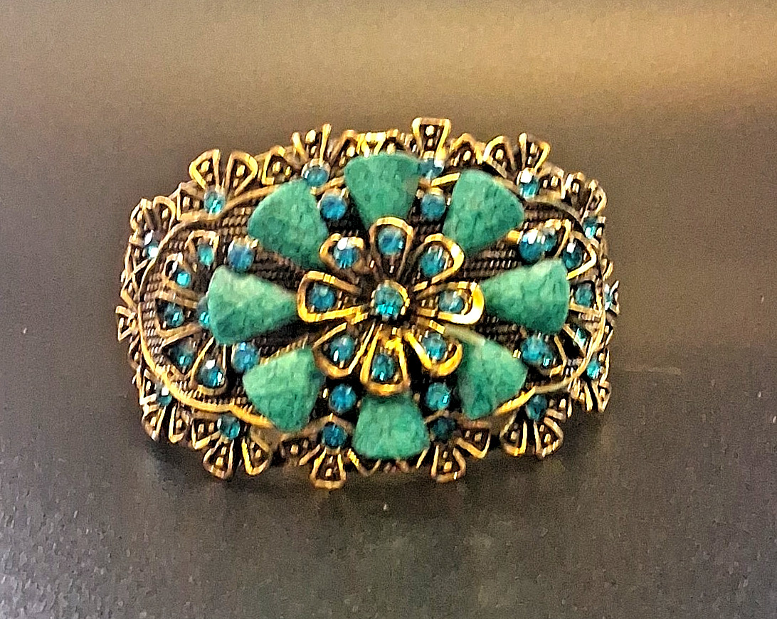 Victorian Style Filigree Cuff Bracelet Wide Blue Rhinestone Faux Turquoise