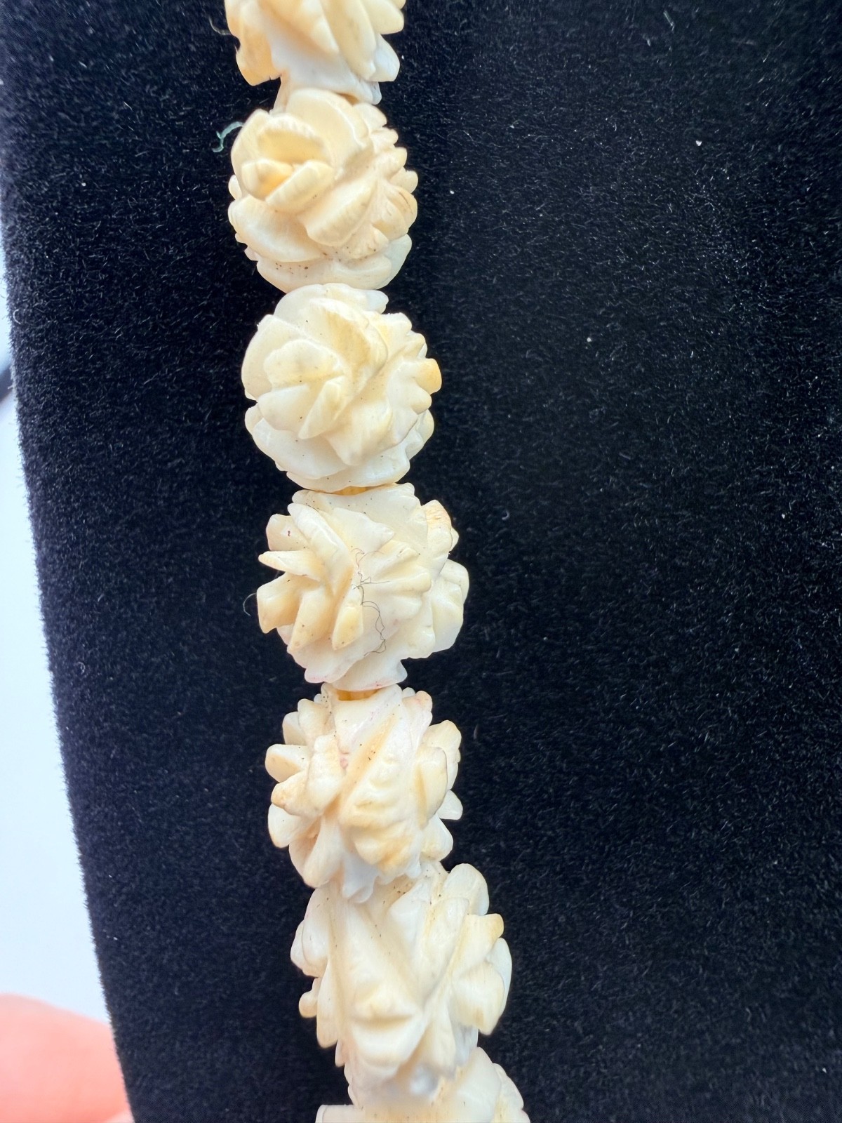 vintage Chinese export hand-carved bovine bone rose necklace, circa 1920-40