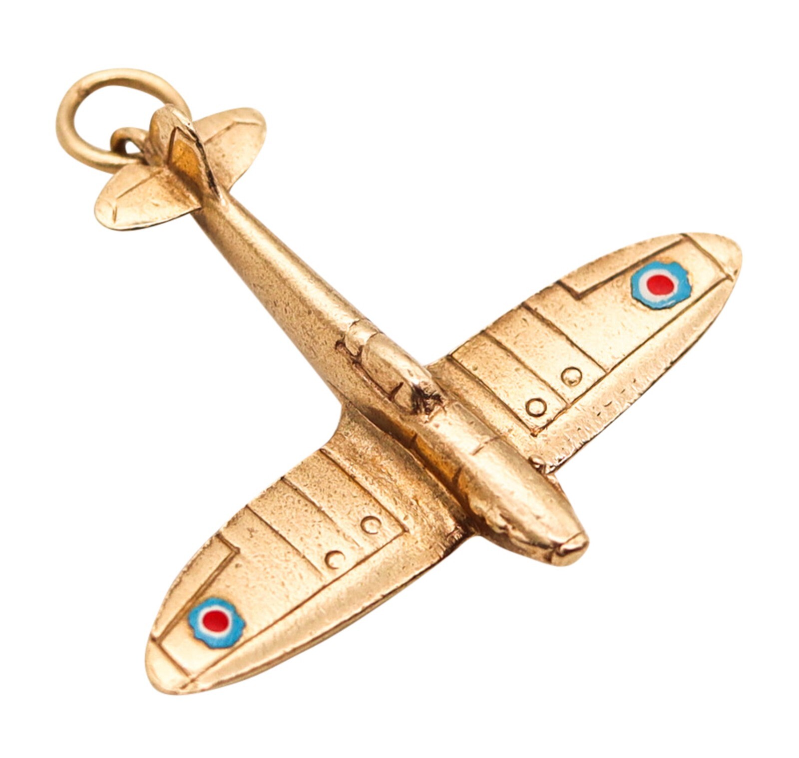 England 1950 Post War Enameled Airplane Pendant Charm In 9Kt Yellow Gold