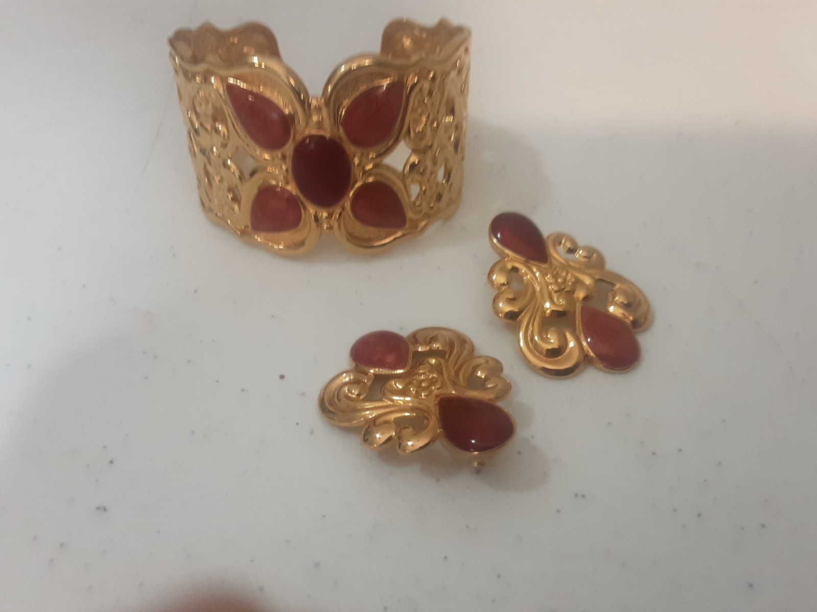 Artful Expression Gold Tone Cuff Bracelet Earrings Set [Possibly Avon not sure]