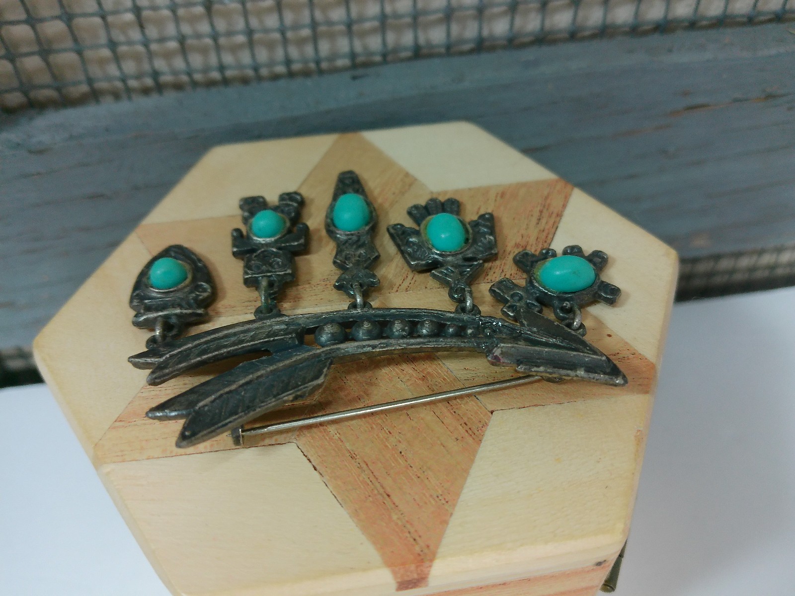 Vtg Native Symbol Faux Turquoise Stone ARROW Eagle Bird Horse Charm Pin Brooch