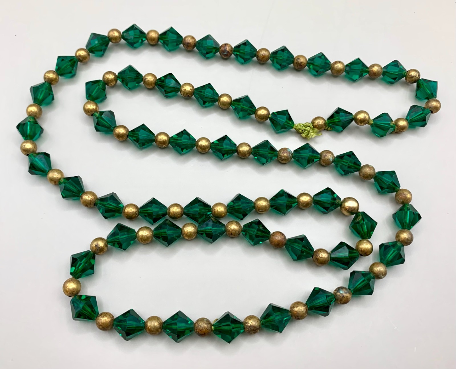 Art Deco Glass Beads Necklace Evergreen Bicone Brass Beads Long 36″ READ