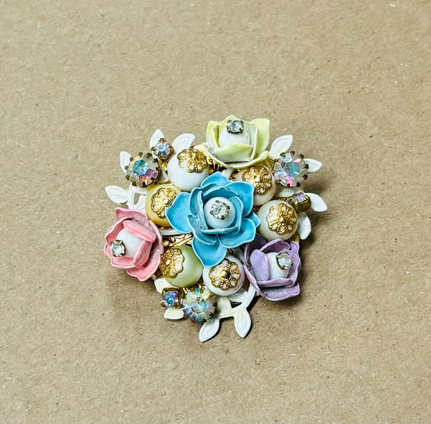 Vintage Weiss Multi Floral Bouquet Brooch-Enamel/Rhinestone/Gold Tone Metal