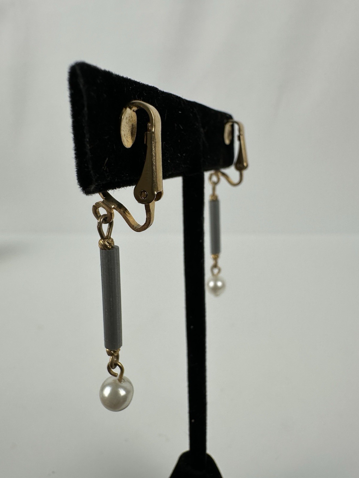 Vintage Clip On Gold Toned Gray And White Faux Pearl Dangle Earrings From Estate