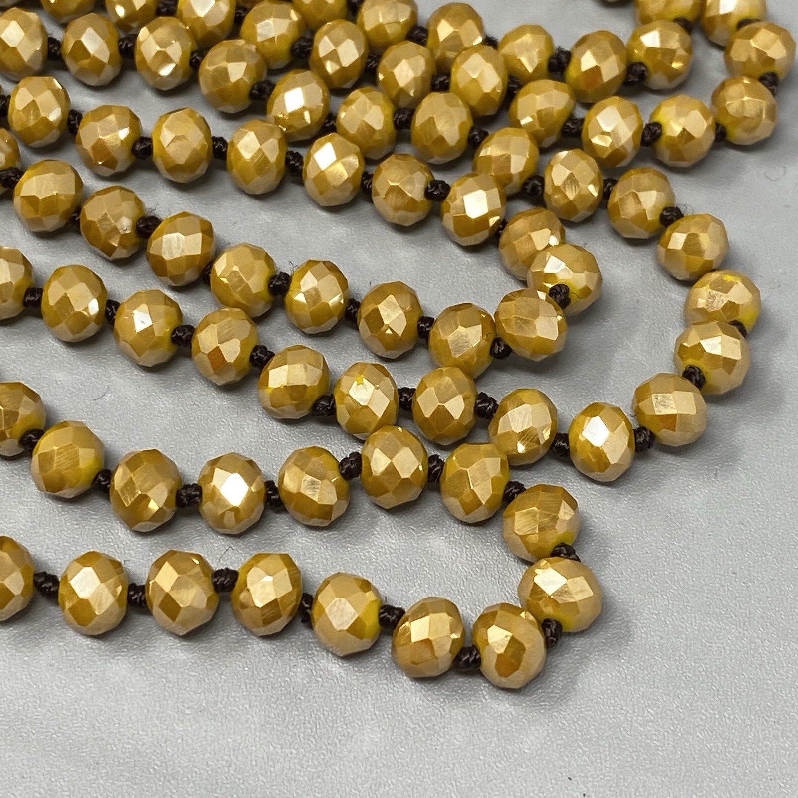 Czech Gold Glass Bead Flapper Necklace Fire Polished Coated Hand Knotted Cord 62