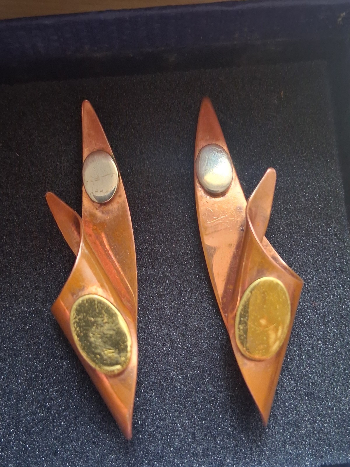 Mid century modern MCM copper abstract mixed metal large earrings