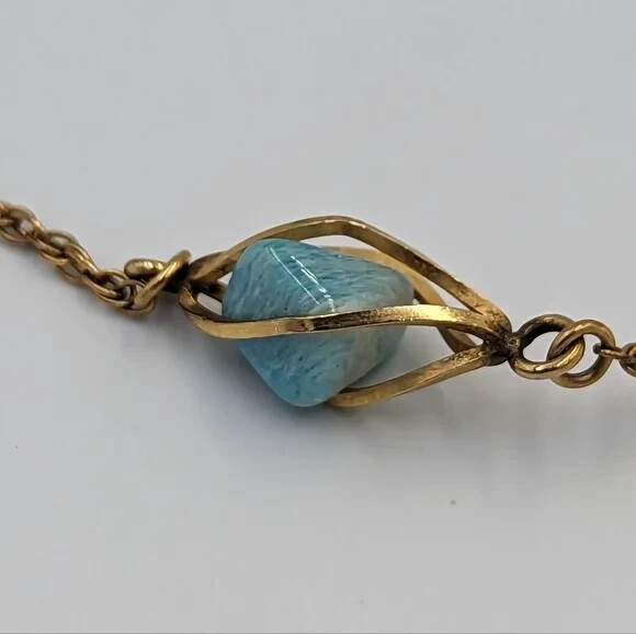 Vintage 12K Gold Filled Caged Polished Nuggets Blue Beryl Stations Necklace