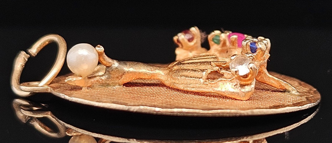 14K Gold JEWELED DANCER Pendant Ruby Sapphire Pearl Vintage Ballerina Ballet