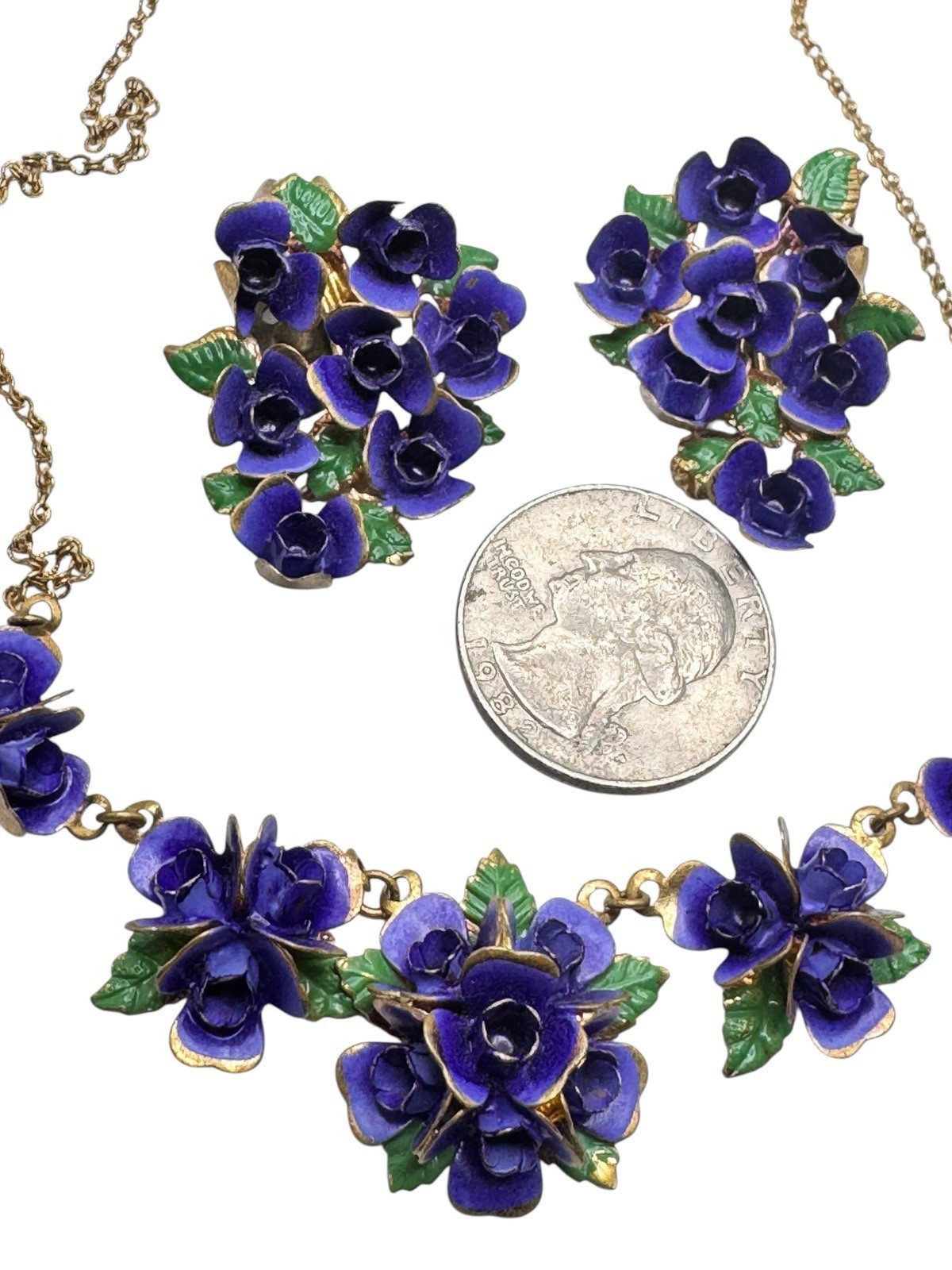Vintage Enamel Pansy Violet Flower Necklace Earrings Set Suffragate Era