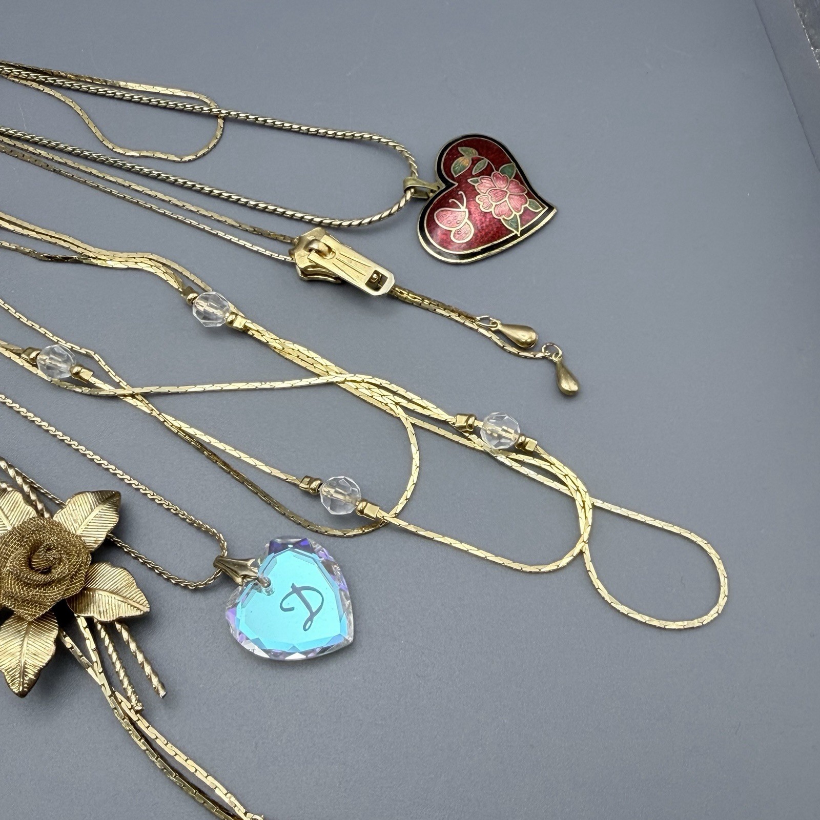 Vintage Necklaces Lot Of 8 Gold Tone Cloisonne Heart Floral Claddagh Zipper