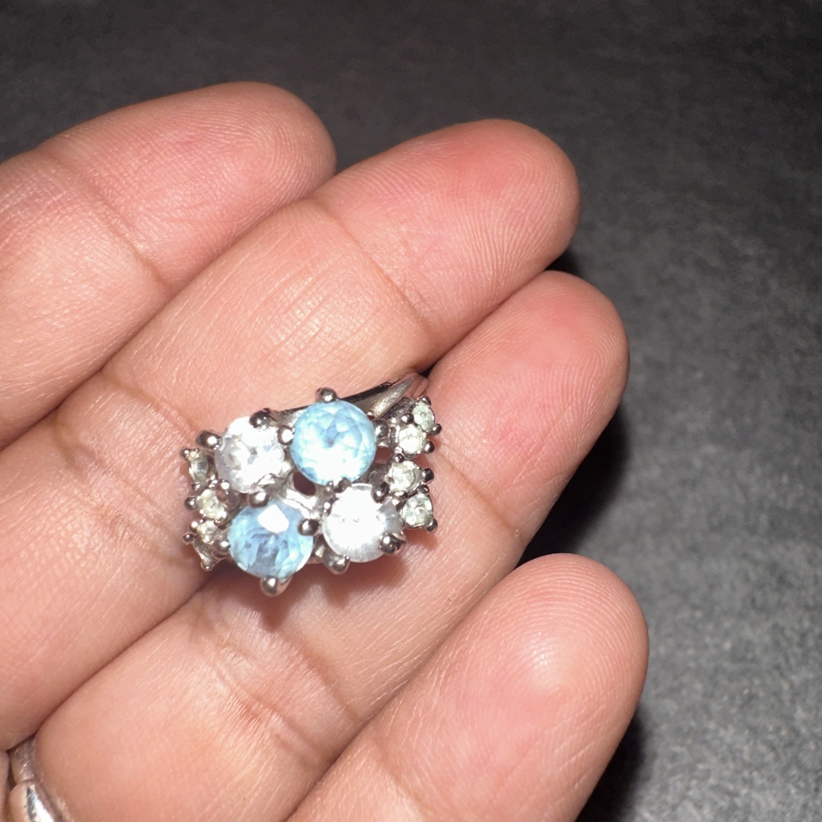 Vintage NV Signed Blue Topaz White Quartz Sterling Silver Band Ring Sz 6