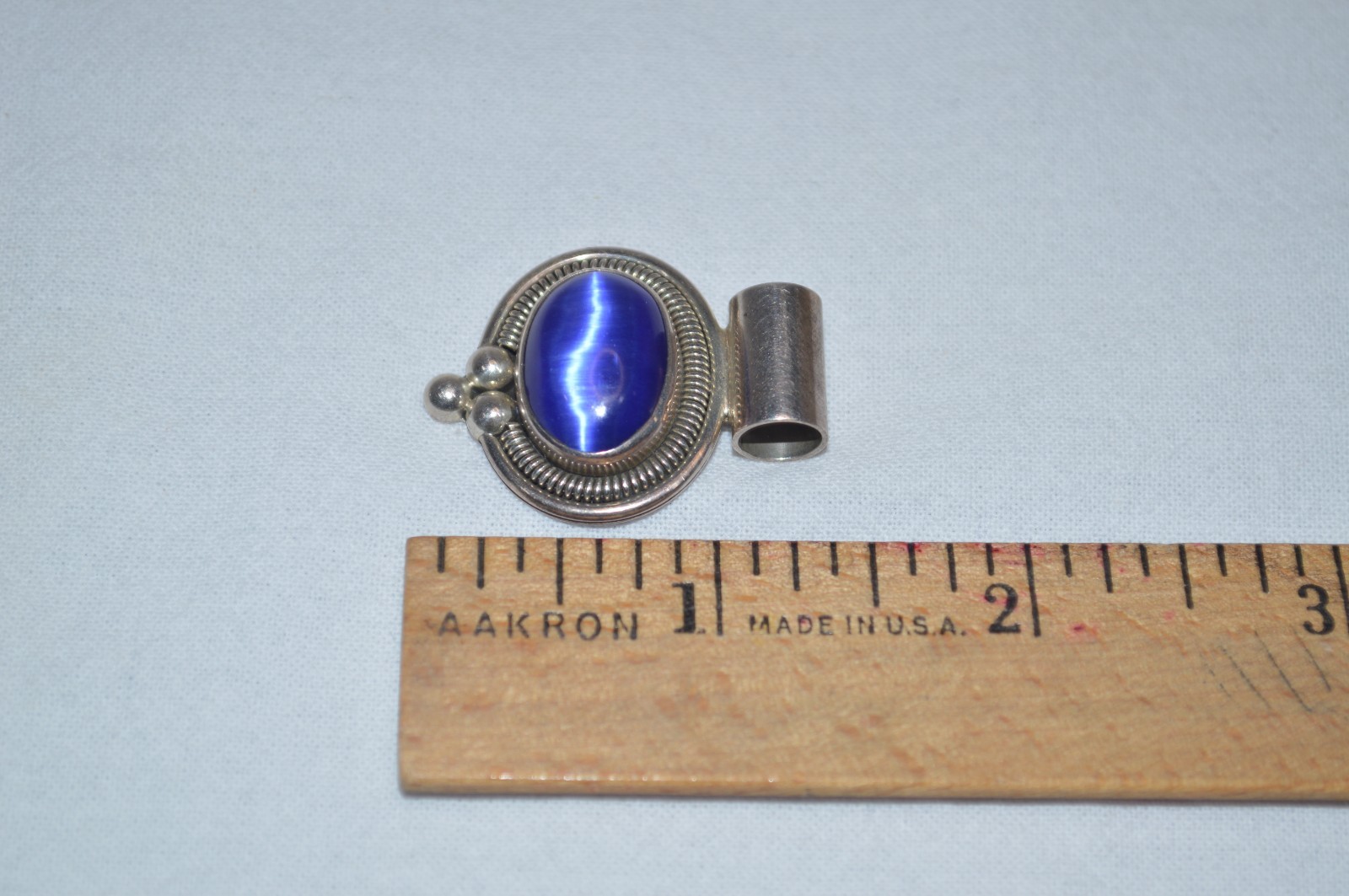 Vintage Sterling Silver ATI Mexico Oval Blue Cat’s Eye Pendant 1.3″