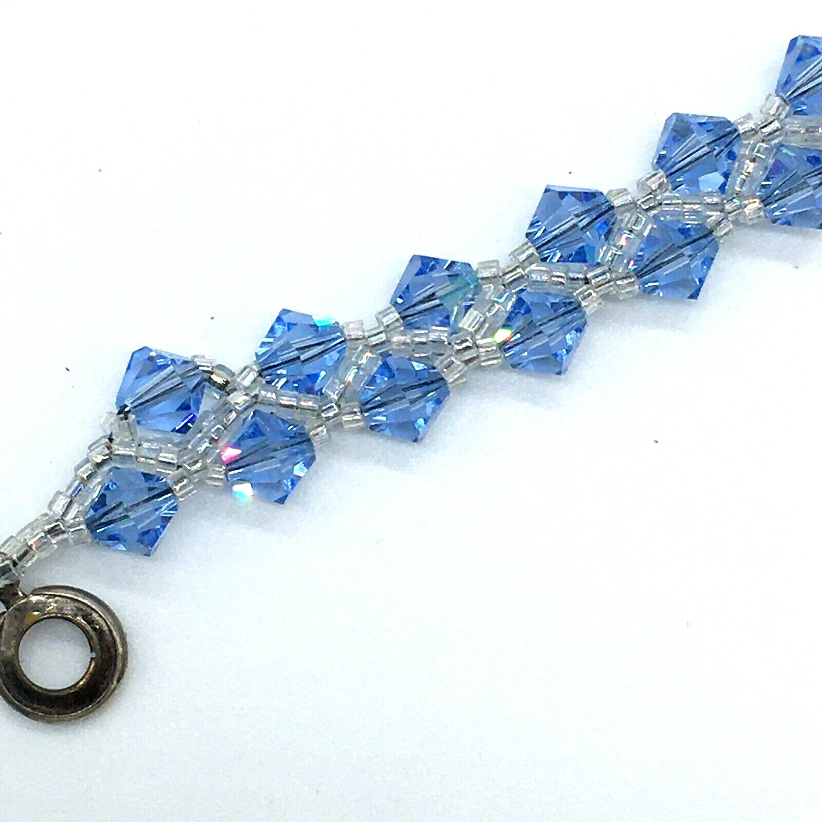 Blue Bicone Glass Crystal Beaded Stretch Bracelet With Ball And Cone Closure