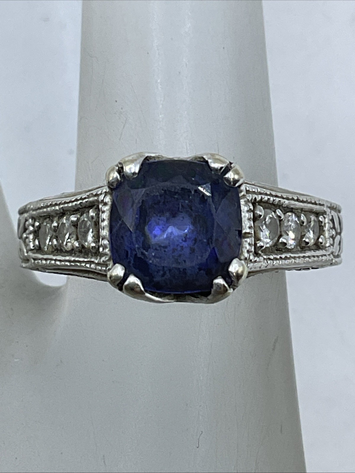 Ladies Ring Solid 14K White Gold Cushion Blue Stone & Diamonds VINTAGE HANDMADE