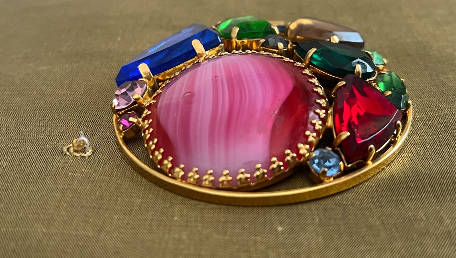 Vintage Pendant West Germany Filigree With Pink Givre Glass Cabochon Stunning!