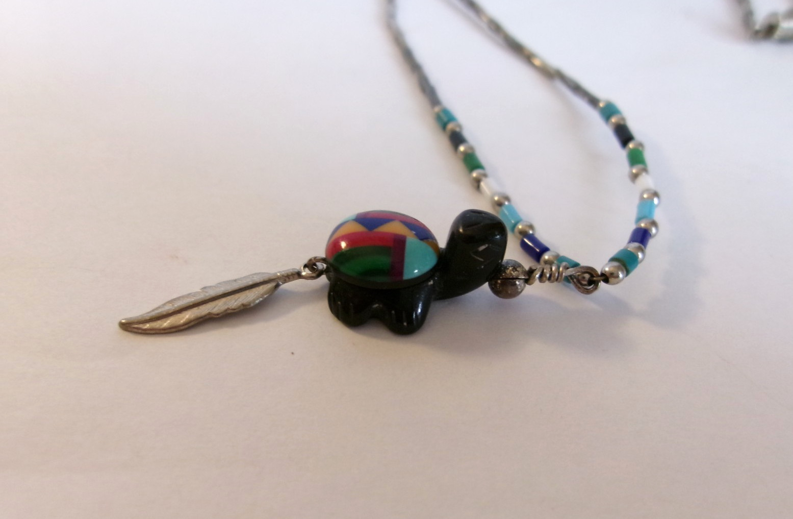 Inlay Turtle Pendant Necklace 18″ Liquid Silver & Bead Chain