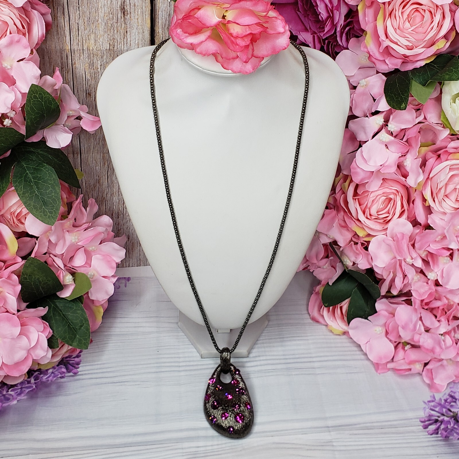 Pink Purple Rhinestone Large Pendant Necklace Gunmetal Tone Chain Statement