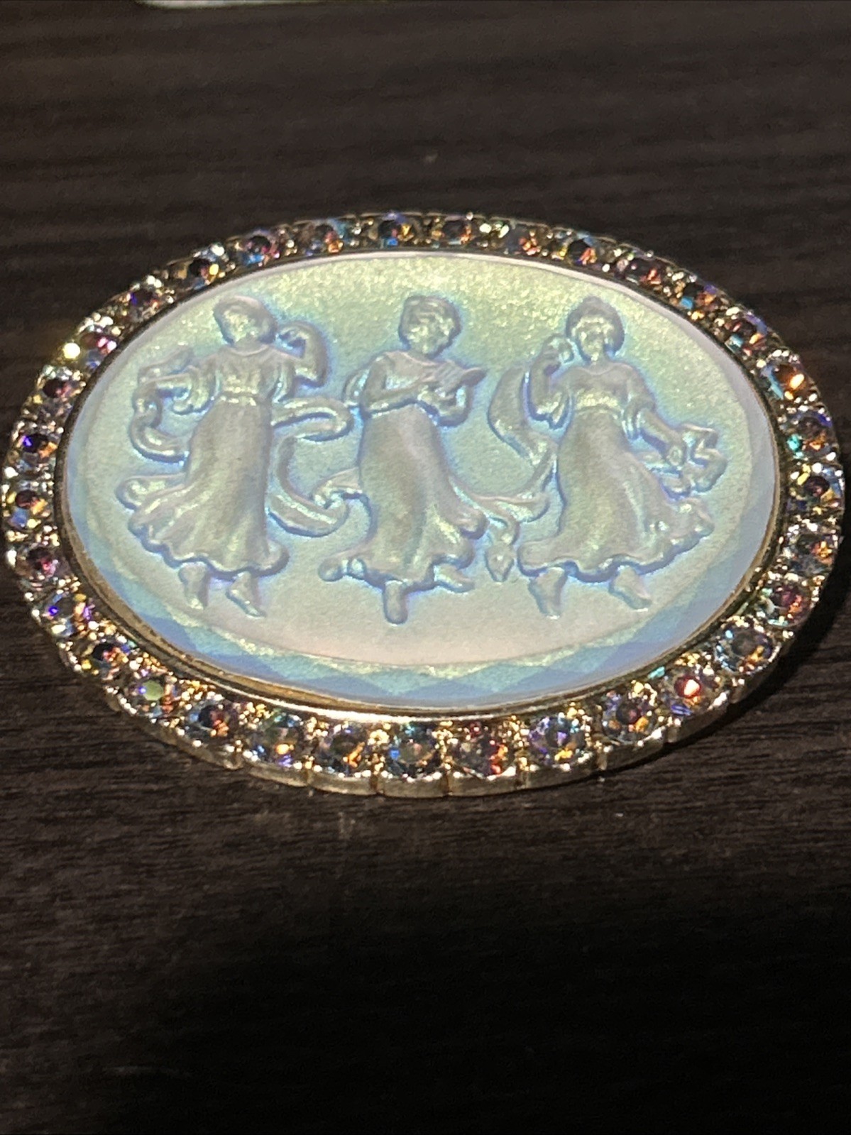 Vintage Kirk’s Folly Camphor Iridescent Glass 3 Dancing Maidens Brooch AB Stones