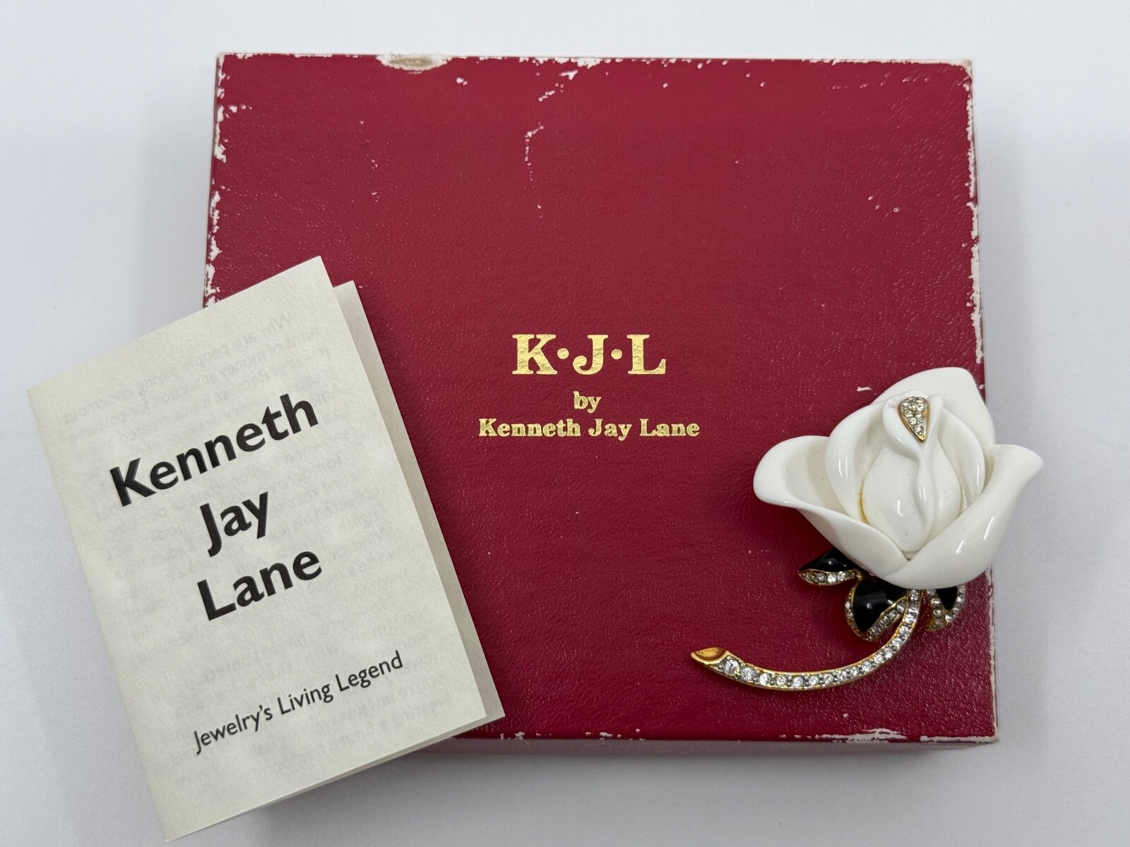 Elegant Vintage Signed Original Kenneth Jay Lane White Rose Brooch With COA