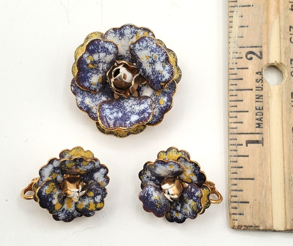 Vintage Blue & White Enamel Brooch & Clip Earring Set