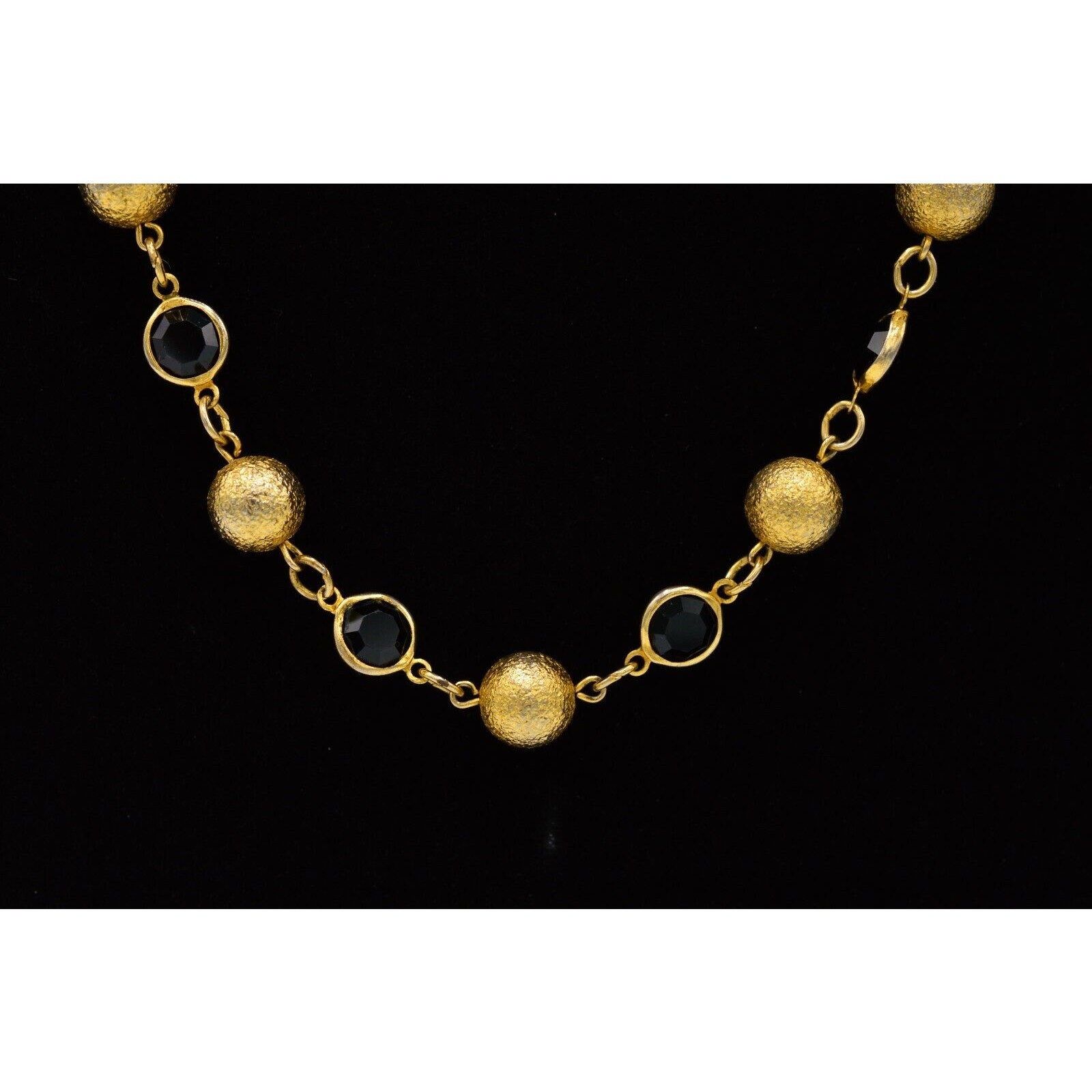 Austrian Crystal USA Vintage Necklace Black Open Bezel Gold Ball Signed 80s Bin8