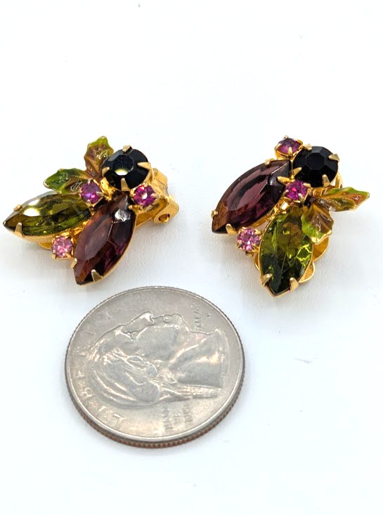 Vintage Floral Cluster Clip Earrings Purple Green Rhinestone