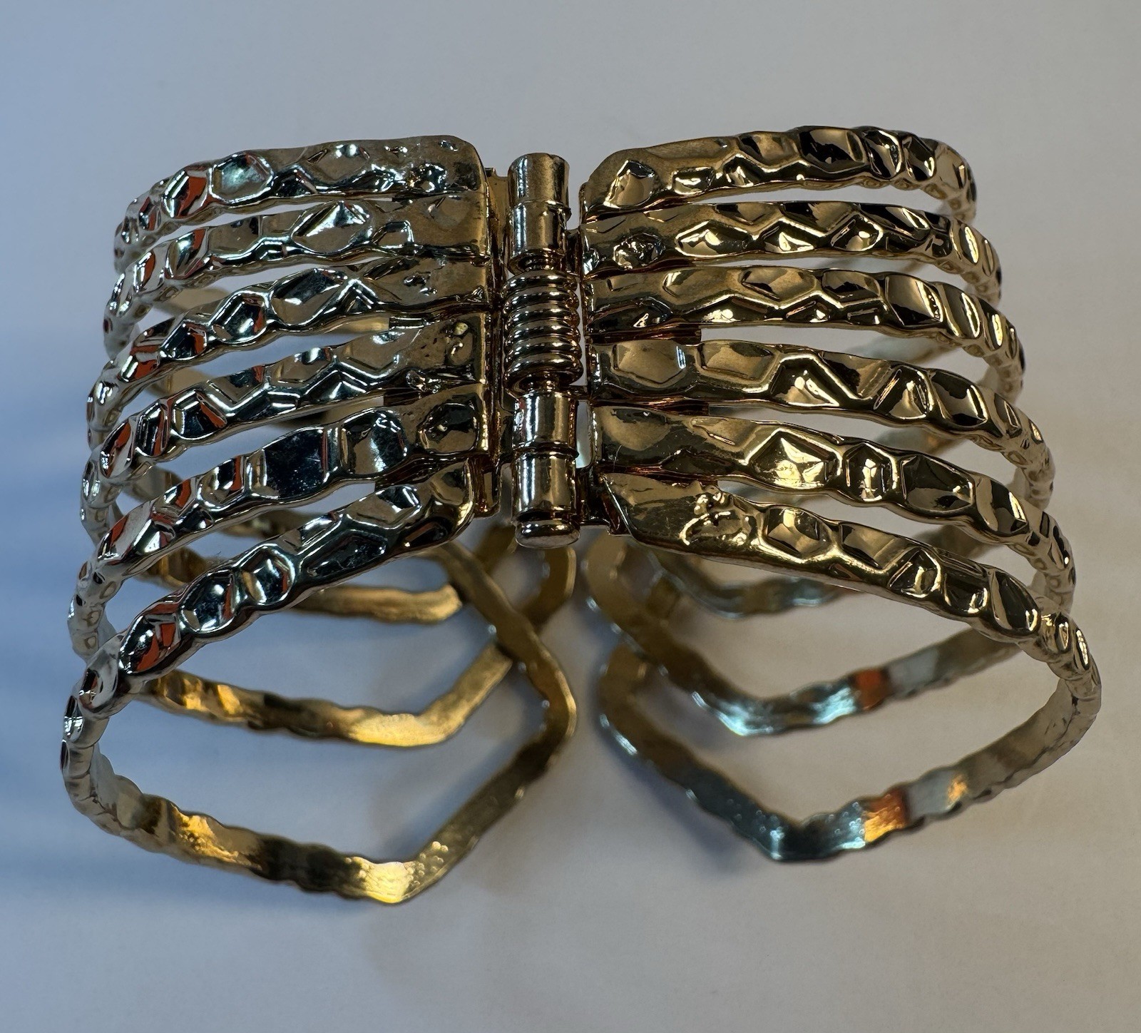 Hammered Brass Cuff Bracelet Wide Textured Woven Hinge Opening