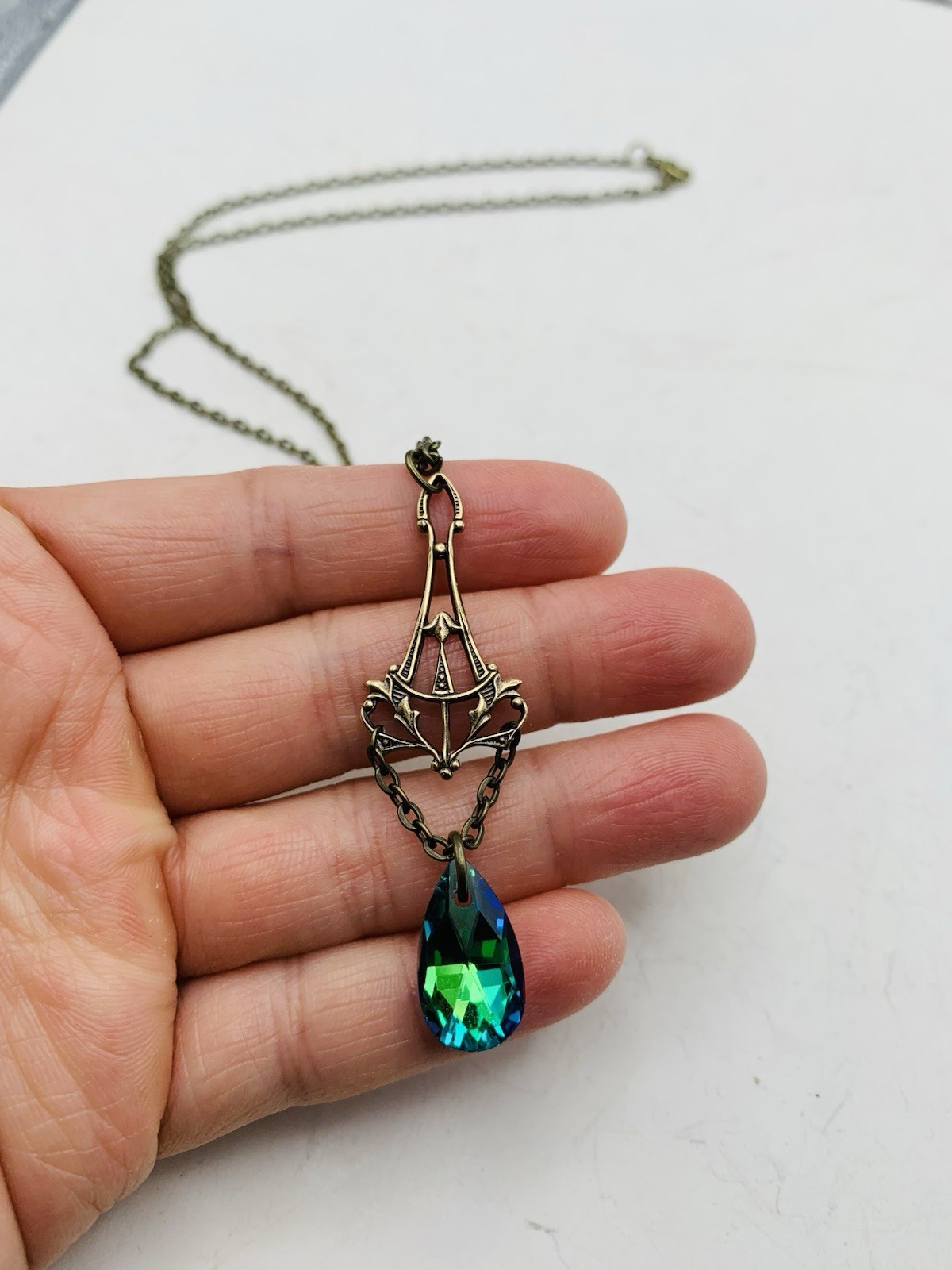Vintage Style Art Nouveau Bronze Tone Mermaid Blue Teardrop Drop-down Necklace