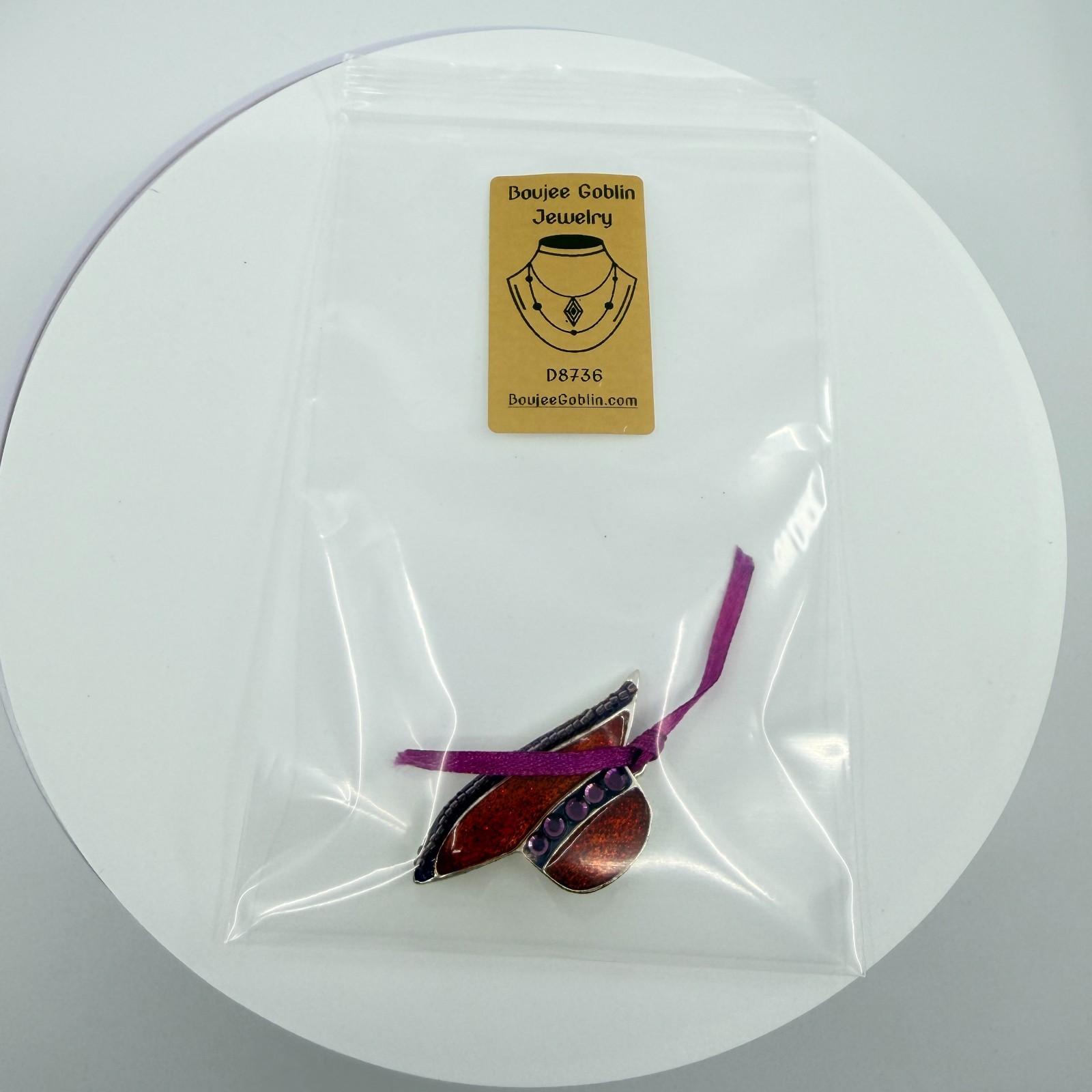 Vintage Chico’s Red Glitter Enamel Sun Hat Brooch Purple Ribbon Beaded Pin