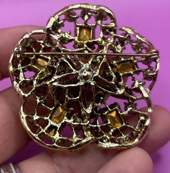 Gorgeous GREEN ORANGE & FAWN Rhinestone Vintage Brooch – PIN Autumn Fall Colors