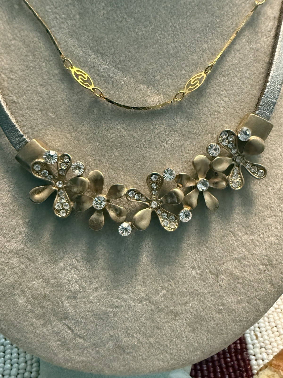 VTG 14” RHINESTONE & GOLD PLATED & LEATHER CHOKER NECKLACE – Costume Jewelry