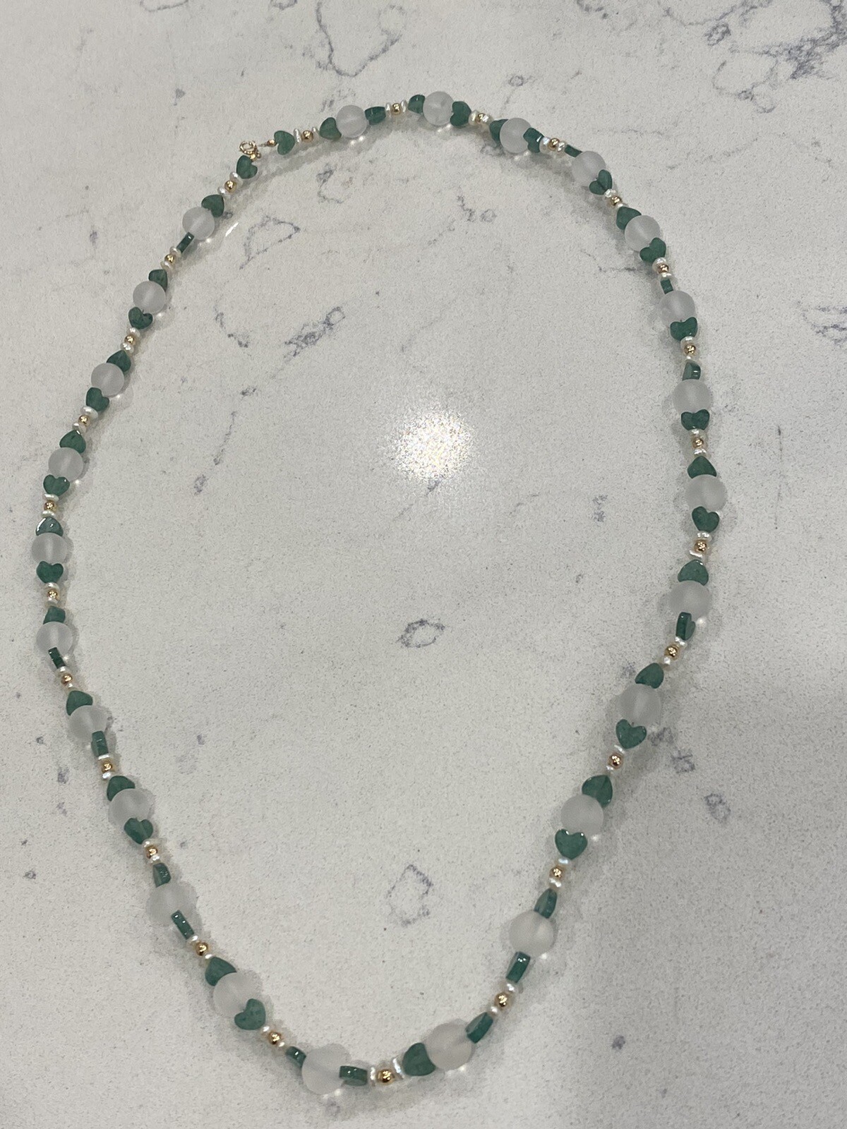 14K Gold, Emerald Hearts, Clear Round Quartz, Pearls & Gold Beads Clasp Necklace