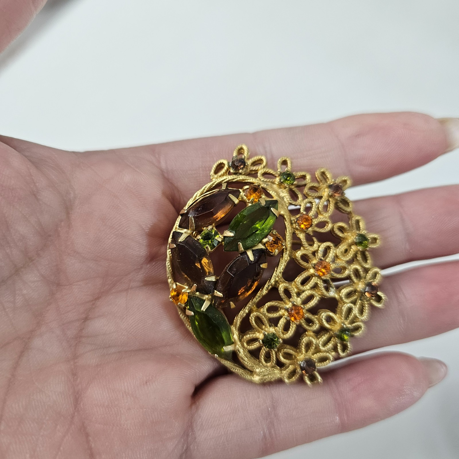 Gold Tone Floral Brooch Fall Colors Open Work Navette Rhinestone Unmarked Pin