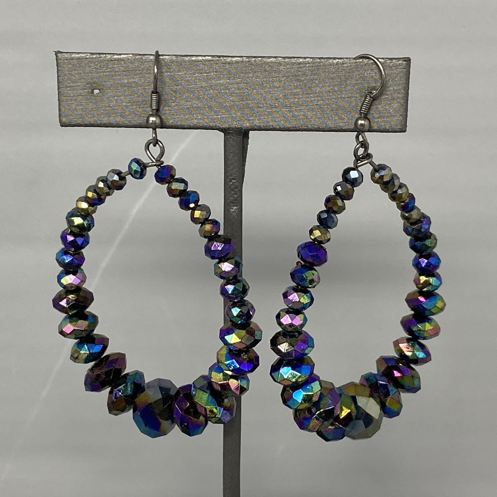 Aurora Borealis Pierced Earrings Dangle Drop Hoop Iridescent Glass Beads 3″