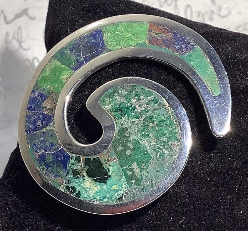 Modernist LOS CASTILLO Handmade 925 Ster Azurite Mosaic Aztec Swirl Brooch 10.5g