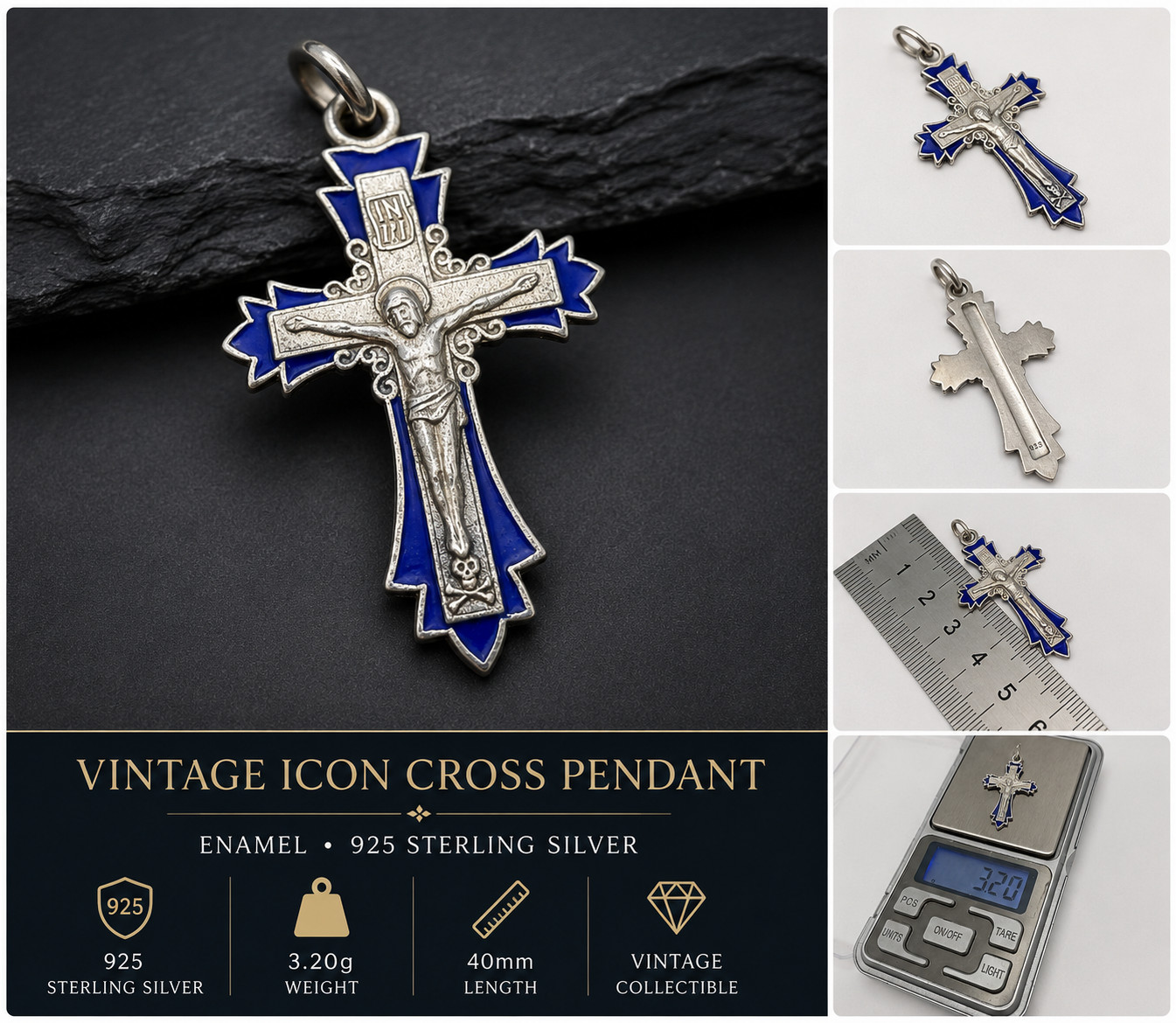 Vintage Pendant Icon Cross Enamel Sterling Silver 925 Jewelry Stamped 3.20gr