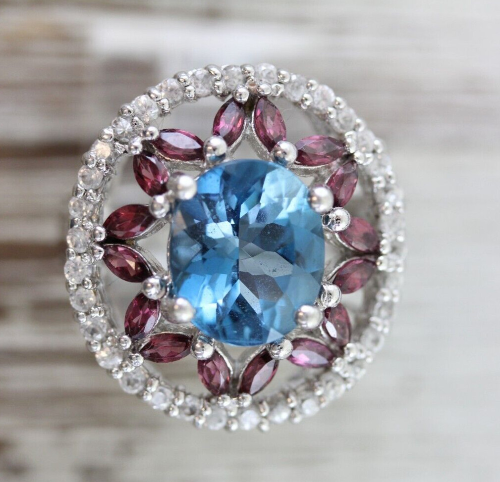 BLUE TOPAZ WHITE GARNET GEMSTONE STERLING SILVER 925 RING 7 NATURAL DESIGNER