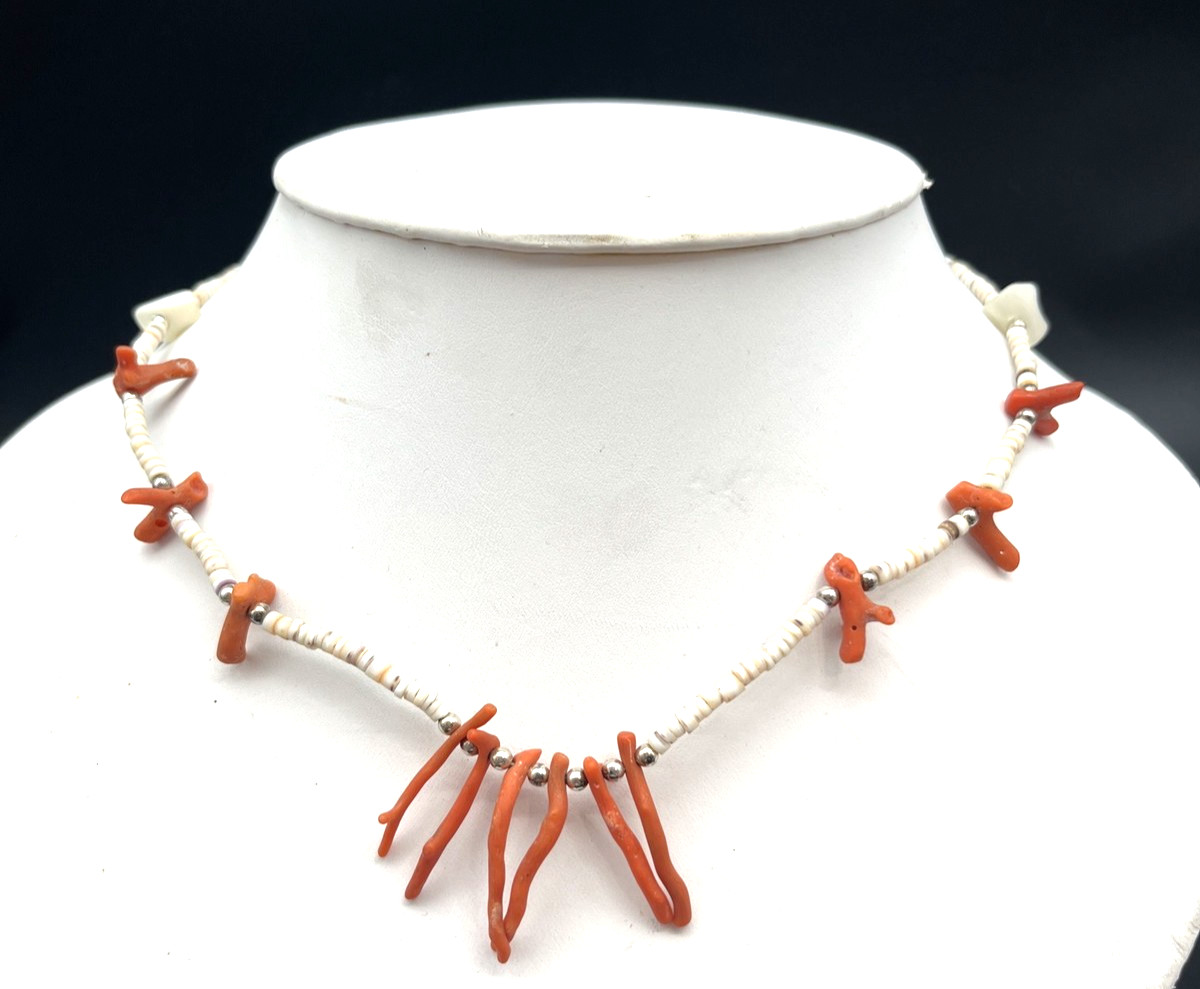 Vintage Genuine Branch Coral and Shell Bead Fetish Style Station Choker Necklace