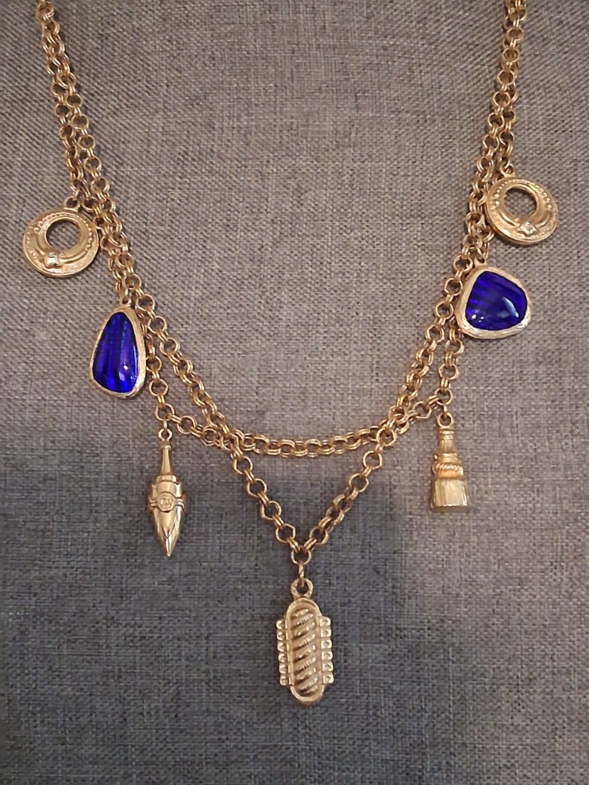 Cobalt blue poured glass dangle drop charm double strand necklace, vintage, 24″