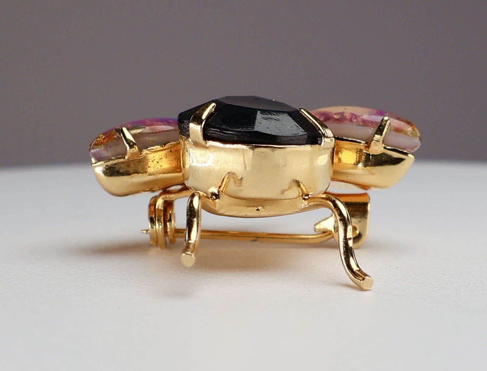 Vintage Bug Brooch Insect Glass Fire Opal Navettes Black Rhinestones Gold Tone