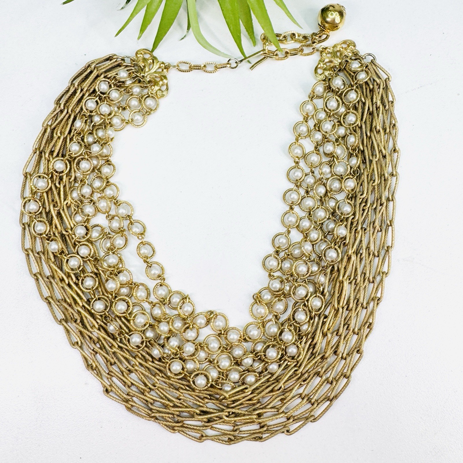 Vintage 60’s White Faux Pearl and Paper Clip Chain Gold Tone Layered Necklace
