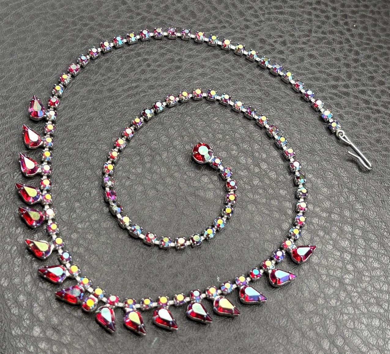 Vintage B. David Aurora Borealis Red AB Crystal Rhinestone Necklace 18”